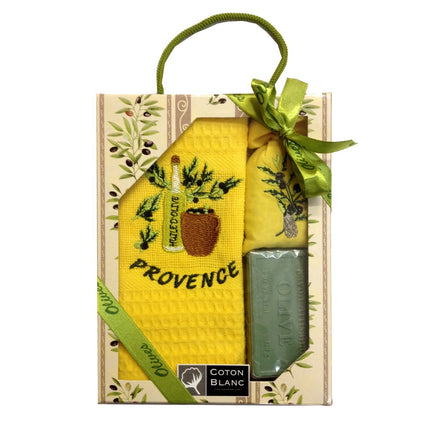 Coffret Torchon jaune brodé huile d'olive coton nid d'abeille  et savon et sachet de lavande