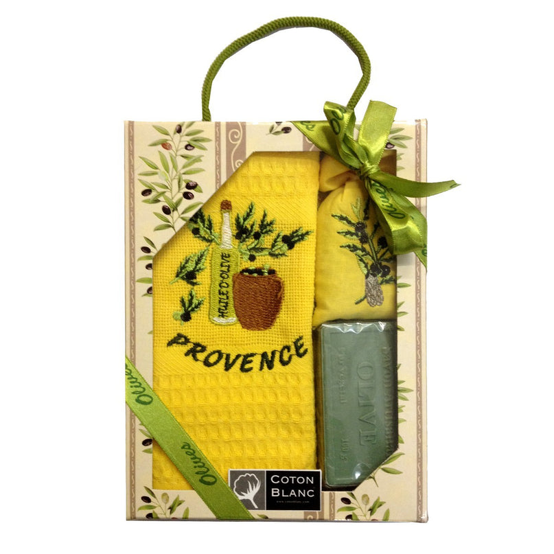 Coffret Torchon jaune brodé huile d'olive coton nid d'abeille  et savon et sachet de lavande