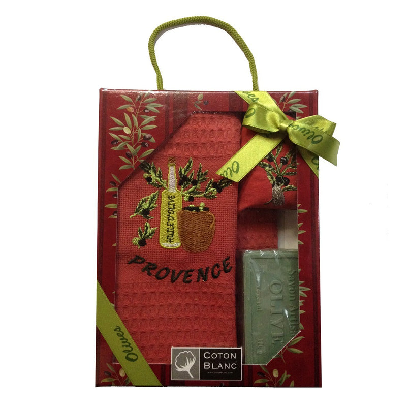 Coffret Torchon rouge brodé huile d'olive coton nid d'abeille  et savon et sachet de lavande
