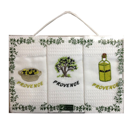 Coffret de 3 torchons blanc olive coton nid d'abeille 50cmx70cm