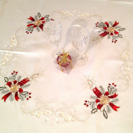 Nappe ronde noel blanc bougie brodée 1m80 anti tache infroissable