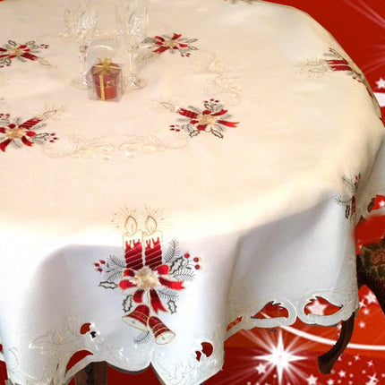 Nappe ronde noel blanc bougie brodée 1m80 anti tache infroissable
