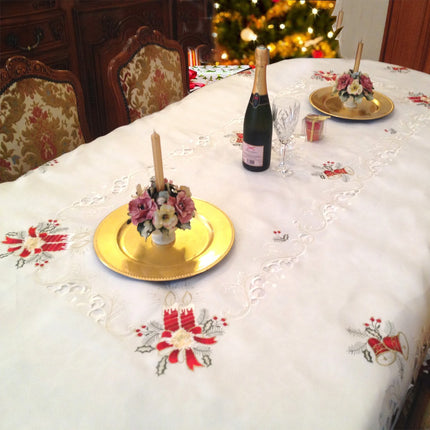 Nappe de noel  bougie brodée blanc 2m60 x 1m50 anti tache infroissable