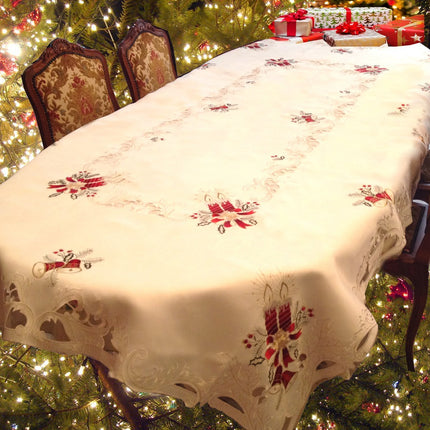 Nappe de noel  bougie brodée blanc 2m60 x 1m50 anti tache infroissable