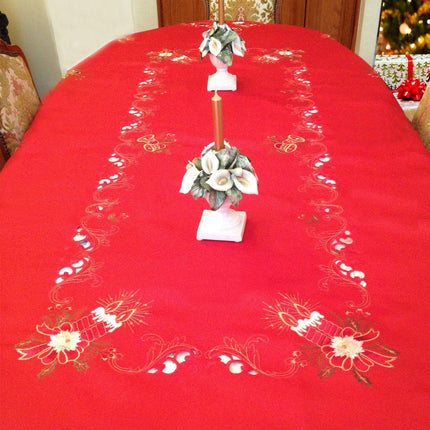 Nappe de noel  bougie brodée rouge 2m60 x 1m50 anti tache infroissable