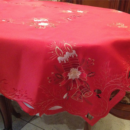 Nappe de noel  bougie brodée rouge 2m60 x 1m50 anti tache infroissable