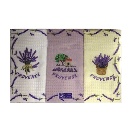Coffret de 3 torchons lavande Provence coton nid d'abeille 50cmx70cm