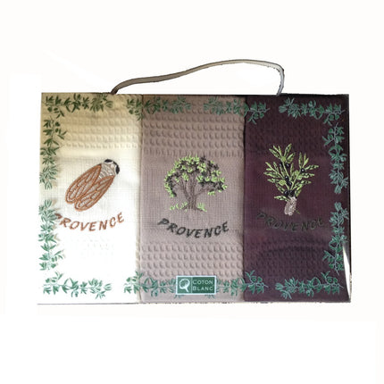 Coffret de 3 torchons olive cigale olivier  coton nid d'abeille 50cmx70cm