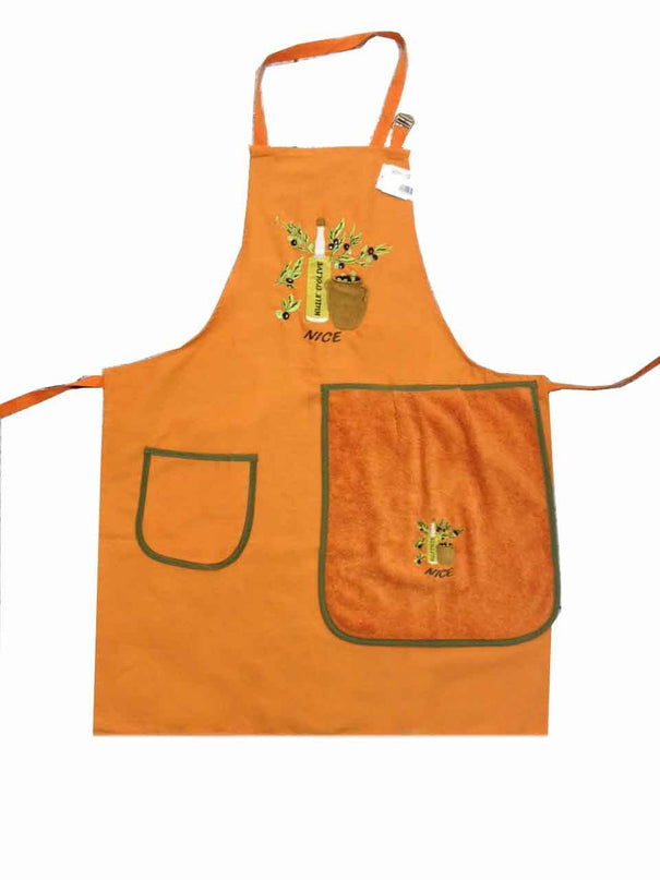 Tablier brodé huile d'olive orange avec essuie main intégré
