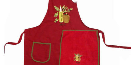 Tablier brodé huile d'olive rouge avec essuie main intégré