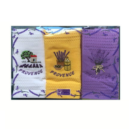 Coffret de 3 torchons lavande Provence blanc jaune aubergine coton nid d'abeille 50cmx70cm