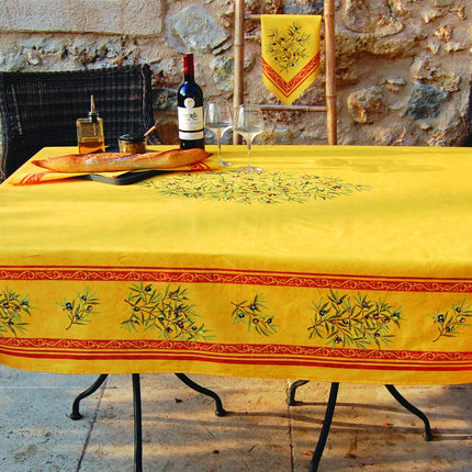 Nappe rectangle motif placé clos des oliviers jaune  2m x 1m55  COTON ENDUIT PLASTIFIE