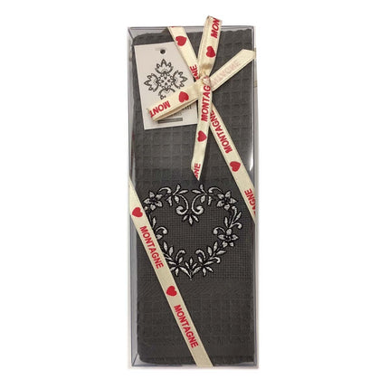 Coffret Torchon nid d'abeille 50 cm x 70 cm brodé coeur gris anthracite