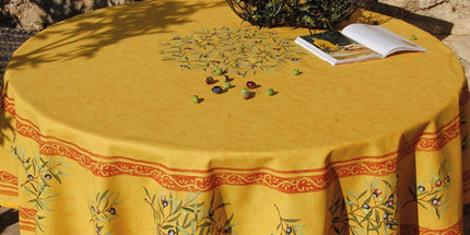 Nappe ronde coton enduit clos des oliviers jaune rouge 1m80