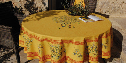 Nappe ronde coton enduit clos des oliviers jaune rouge 1m80