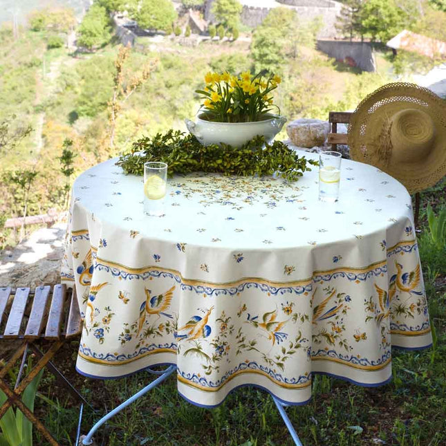 Nappe ronde coton enduit faïence de moustiers bleu  1m80