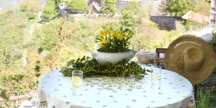 Nappe ronde coton enduit faïence de moustiers bleu  1m80