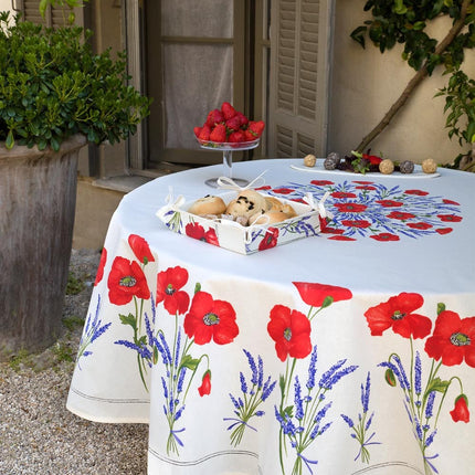 Nappe ronde 1 m 80 coton enduit plastifiée coquelicot lavande blanc 1m80