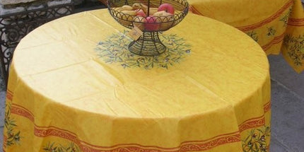 Nappe ronde coton enduit clos des oliviers jaune rouge 1m80