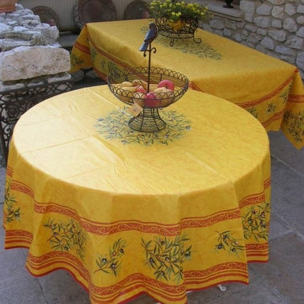 Nappe ronde coton enduit clos des oliviers jaune rouge 1m80