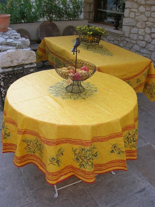 Nappe ronde coton enduit clos des oliviers jaune rouge 1m80
