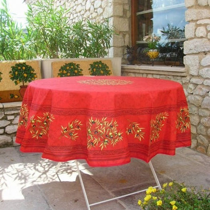 Nappe ronde coton enduit clos des oliviers rouge 1m80