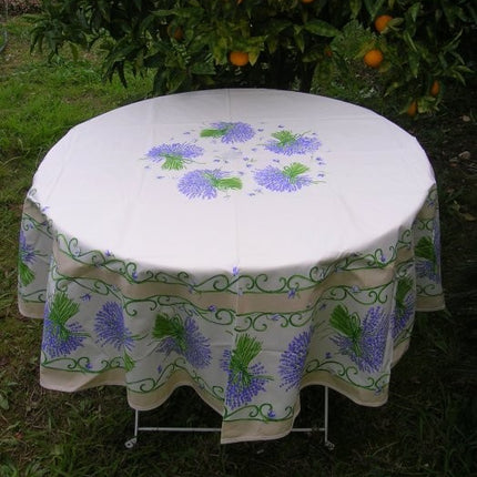 Nappe ronde coton enduit lavande blanc bleu 1m80