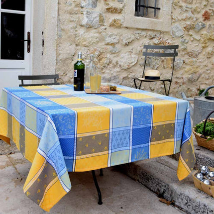 Nappe coton tissée jacquard traitée téflon Valbonne jaune bleu 2m50 x 1m80