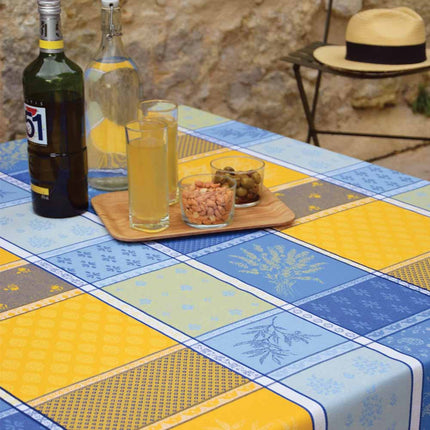 Nappe carrée coton tissée jacquard traitée téflon Valbonne jaune bleu 1m80 x 1m80