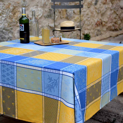 Nappe carrée coton tissée jacquard traitée téflon Valbonne jaune bleu 1m80 x 1m80