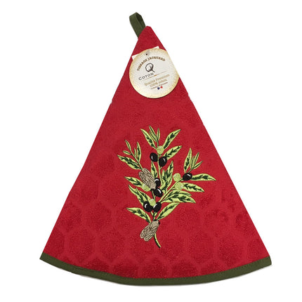 Essuie main rond en éponge Tissage Jacquard olive cigale rouge Qualité Premium