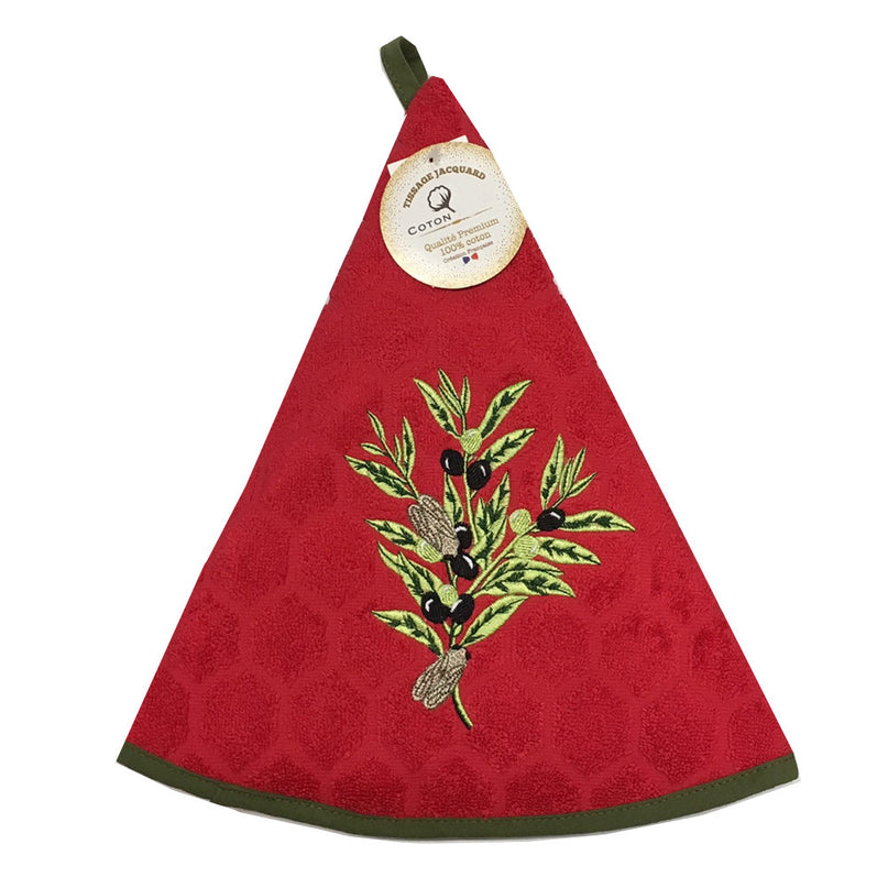 Essuie main rond en éponge Tissage Jacquard olive cigale rouge Qualité Premium
