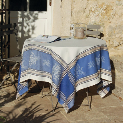 Nappe coton tissé jacquard Téflon sénanques ecru bleu 3m x 1m60 anti tache