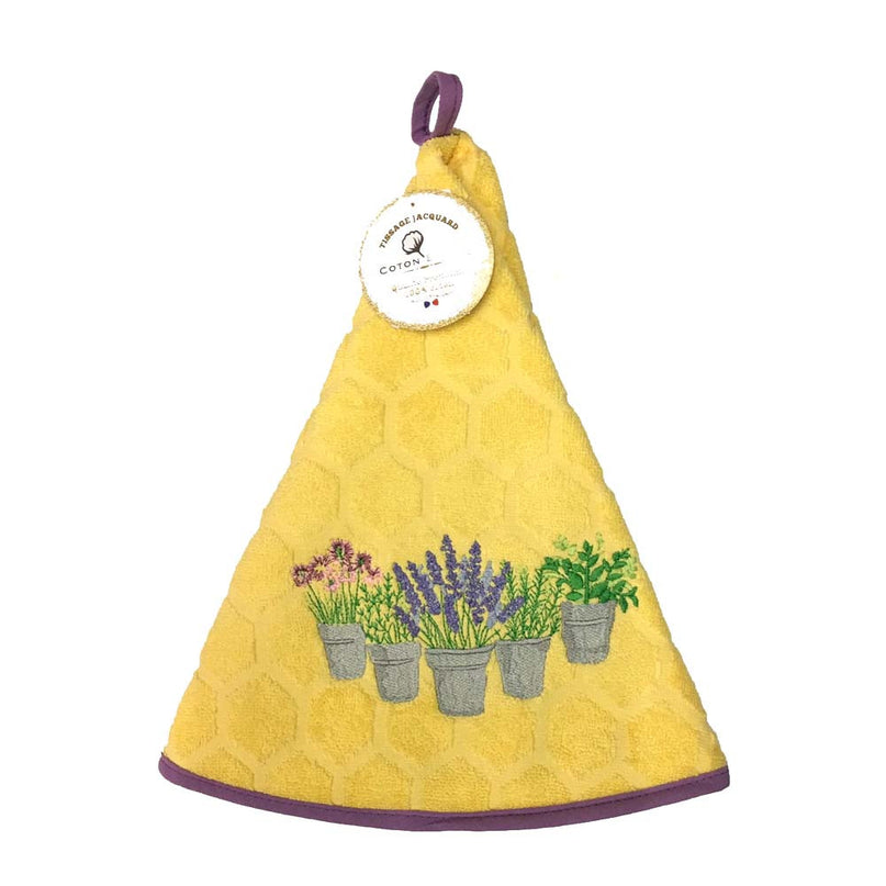 Essuie main rond en éponge Tissage Jacquard Herbier et lavande jaune Qualité Premium