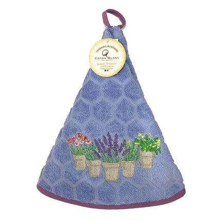 Essuie main rond en éponge Tissage Jacquard Herbier et lavande bleu Qualité Premium
