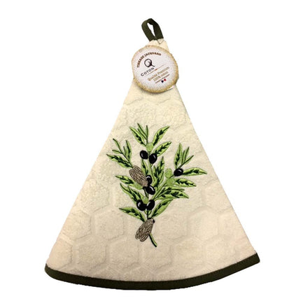 Essuie main rond en éponge Tissage Jacquard olive cigale écru Qualité Premium