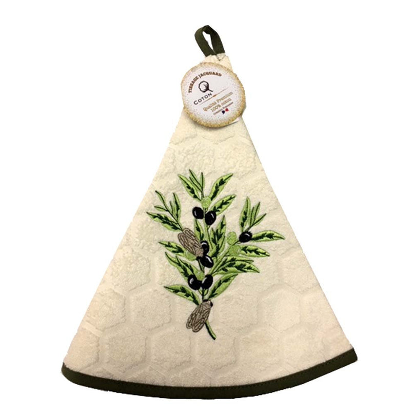 Essuie main rond en éponge Tissage Jacquard olive cigale écru Qualité Premium