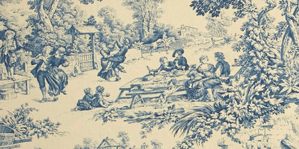 Tissu au mètre Toile de jouy Festin bleu coton Bachette largeur 1m40