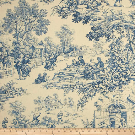 Tissu au mètre Toile de jouy Festin bleu coton Bachette largeur 1m40