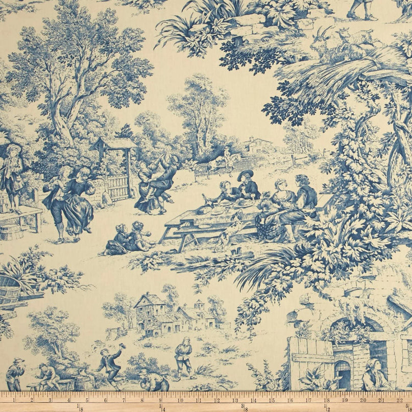 Tissu au mètre Toile de jouy Festin bleu coton Bachette largeur 1m40