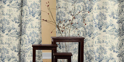 Tissu au mètre Toile de jouy Festin bleu coton Bachette largeur 1m40