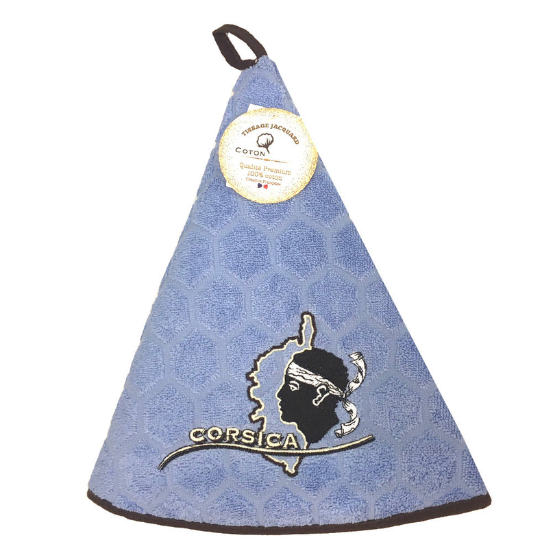 Essuie main rond en éponge Tissage Jacquard Tête de Maure Corsica bleu Qualité Premium
