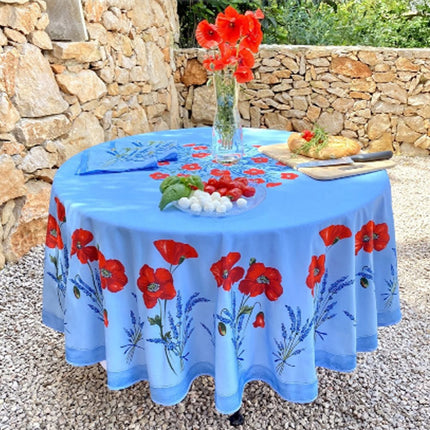 Nappe ronde 1m80 coton enduit plastifiée coquelicot lavande bleu clair 1m80