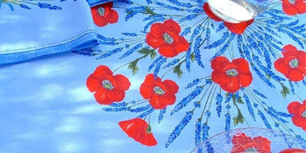 Nappe ronde 1m80 coton enduit plastifiée coquelicot lavande bleu clair 1m80