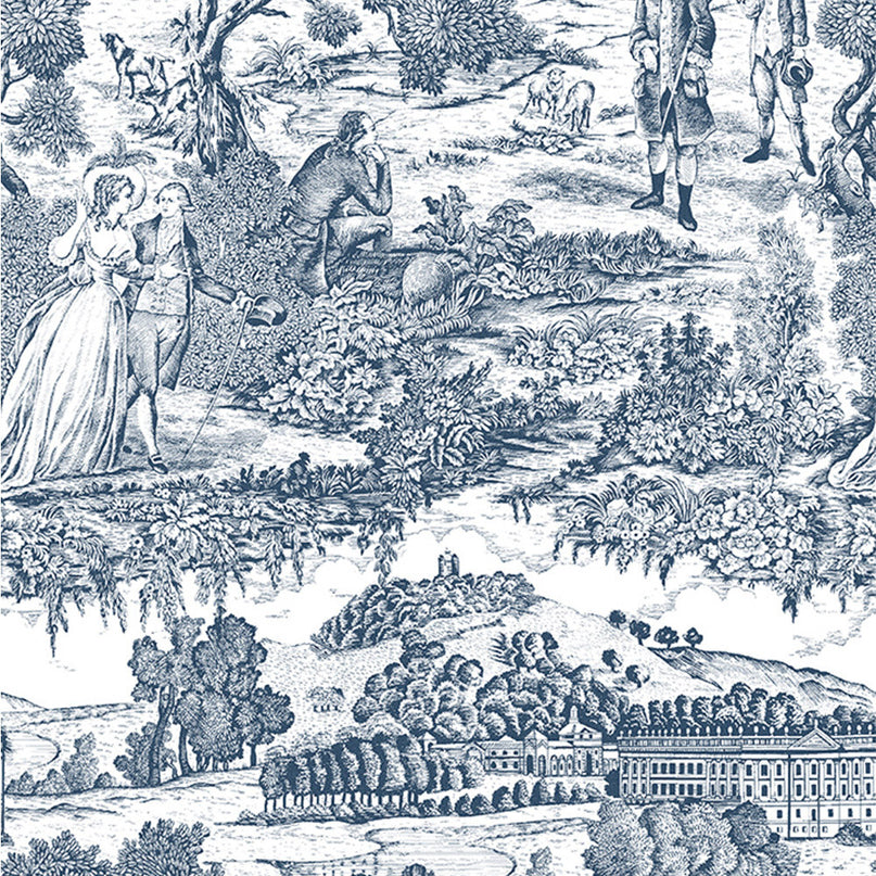 Tissu au mètre Toile de jouy Versailles marine coton Bachette largeur 1m40