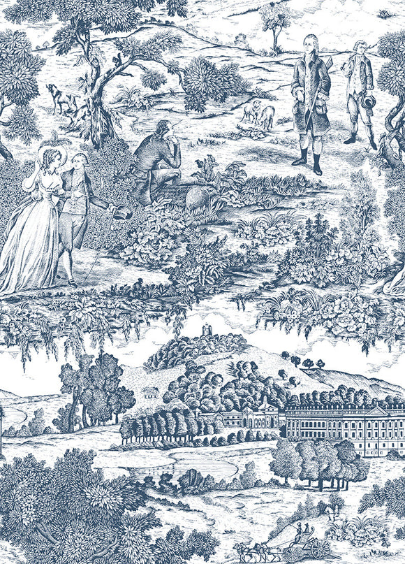 Tissu au mètre Toile de jouy Versailles marine coton Bachette largeur 1m40
