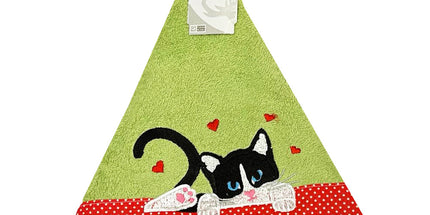 Essuie main rond en éponge chat avec cœurs et pois vert R