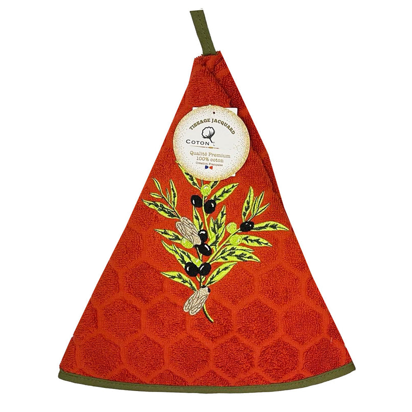Essuie main rond en éponge Tissage Jacquard olive cigale brique Qualité Premium