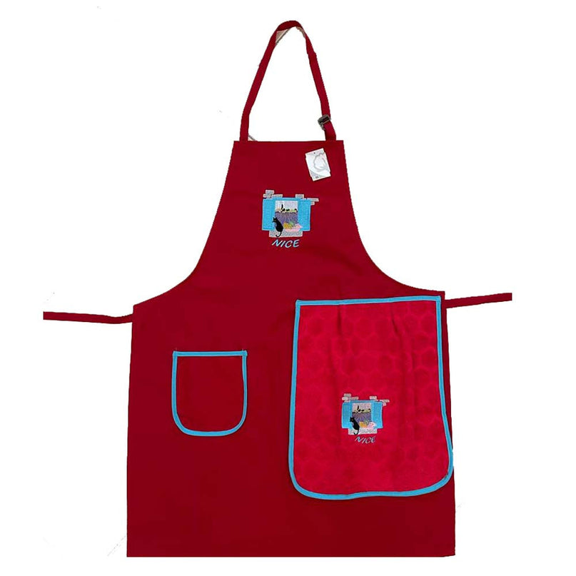 Tablier brodé Chat en Provence rouge avec essuie main intégré