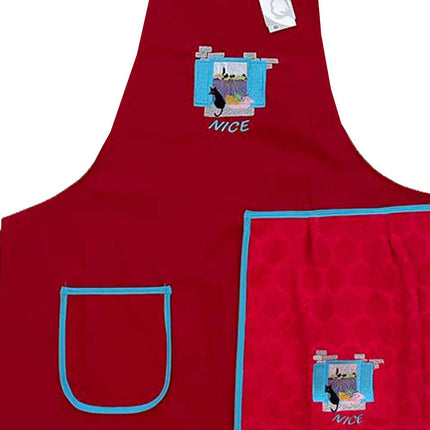 Tablier brodé Chat en Provence rouge avec essuie main intégré